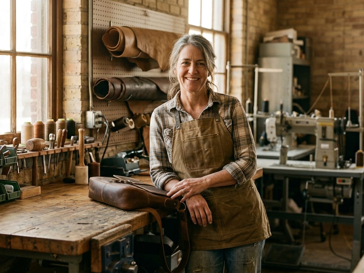 A small business owner standing in their workshop surrounded by equipment.