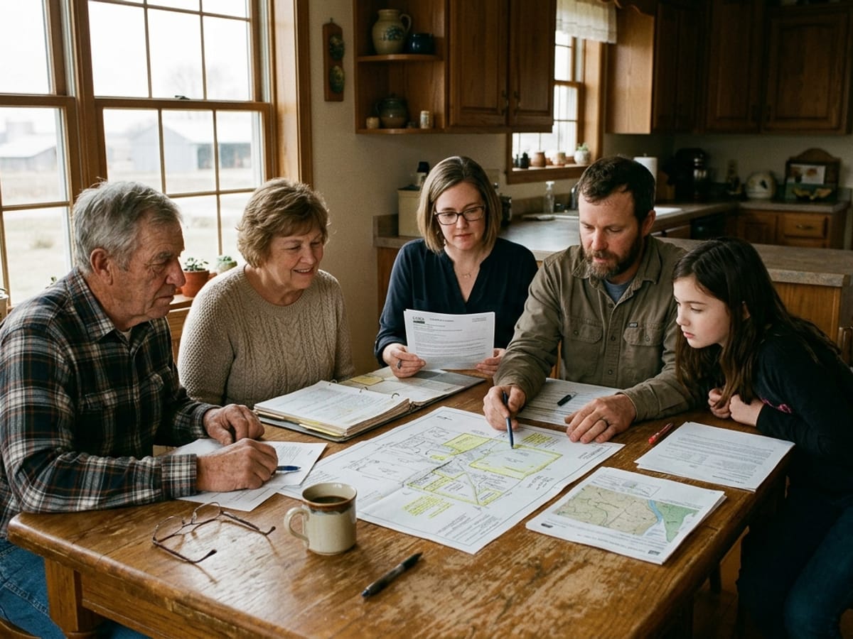 A multi-generational farm family gathered around a kitchen table reviewing documents together.