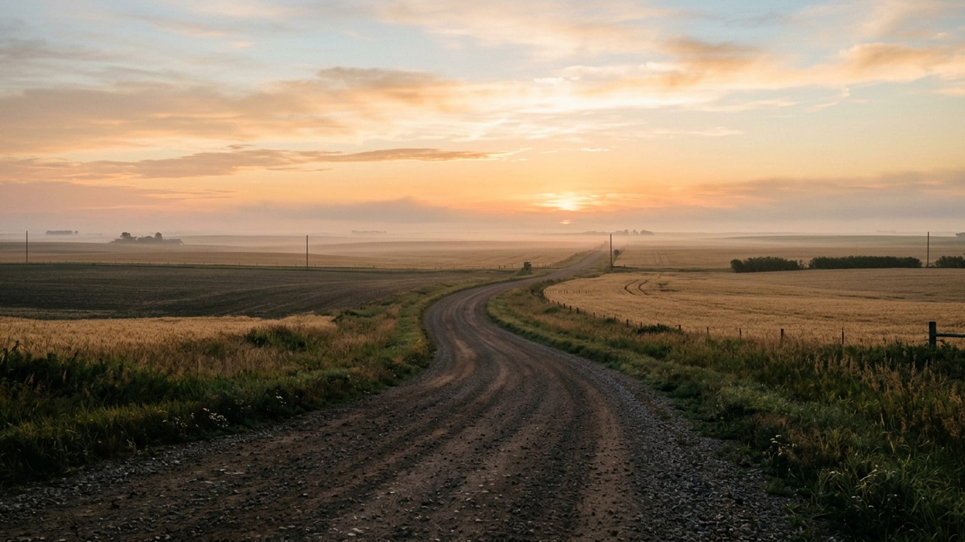 A quiet country road winding through open farmland toward a soft sunrise horizon.