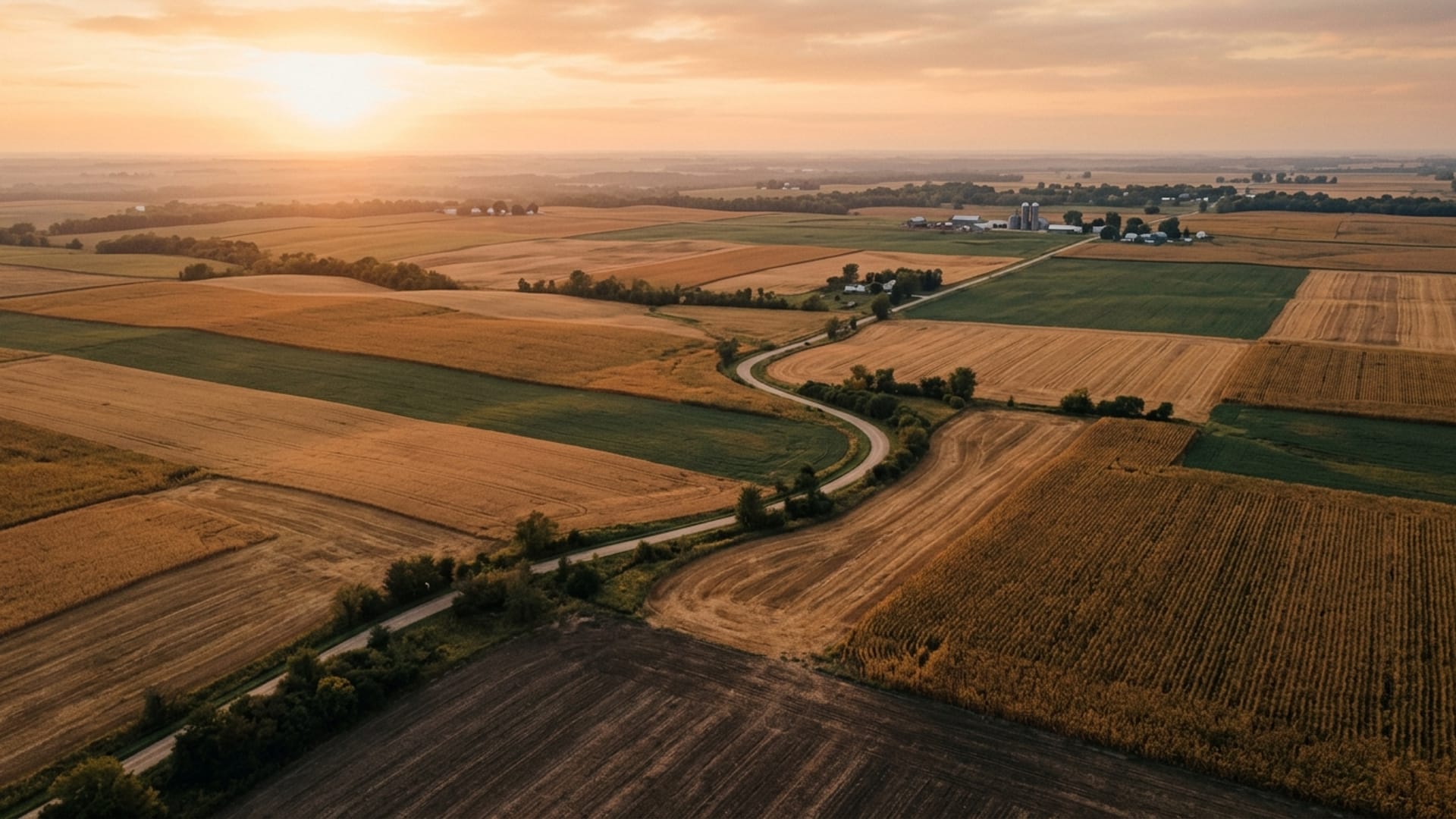 Aerial view of Midwest farmland at golden hour, with fields in warm amber and green tones.